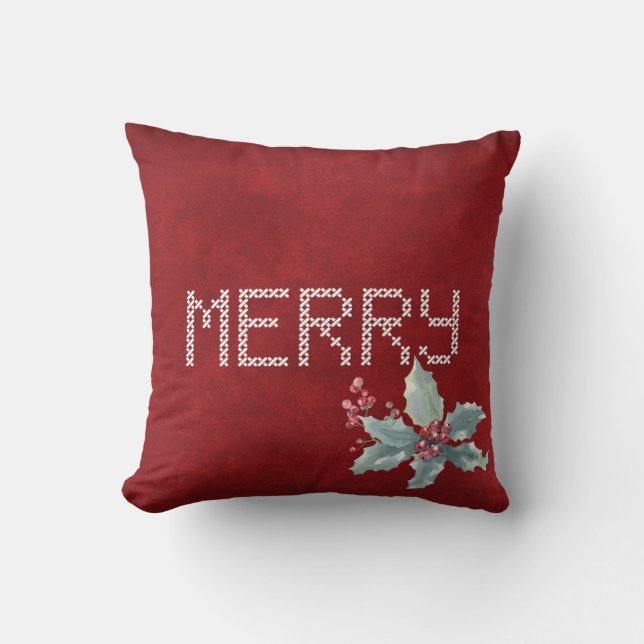 Merry Cross Stitching and Berries Throw Pillow (Front)