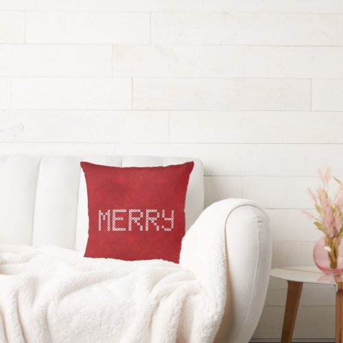 Merry Cross Stitching on Red Throw Pillow