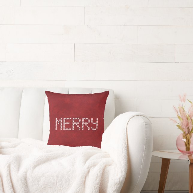 Merry Cross Stitching on Red Throw Pillow (Couch)