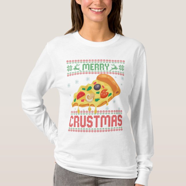 Merry Crustmas Funny Christmas Pizza Ugly Sweater (Front)