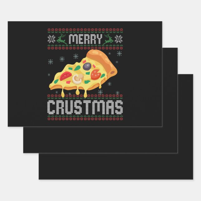 Merry Crustmas Funny Christmas Pizza Ugly Sweater Wrapping Paper Sheets (Set)