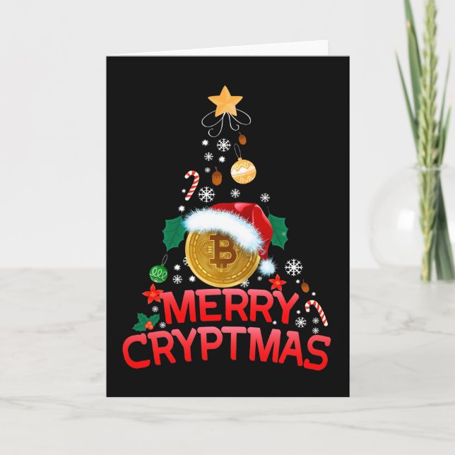 Merry Cryptmas Bitcoin Blockchain Christmas Tree  Holiday Card (Front)