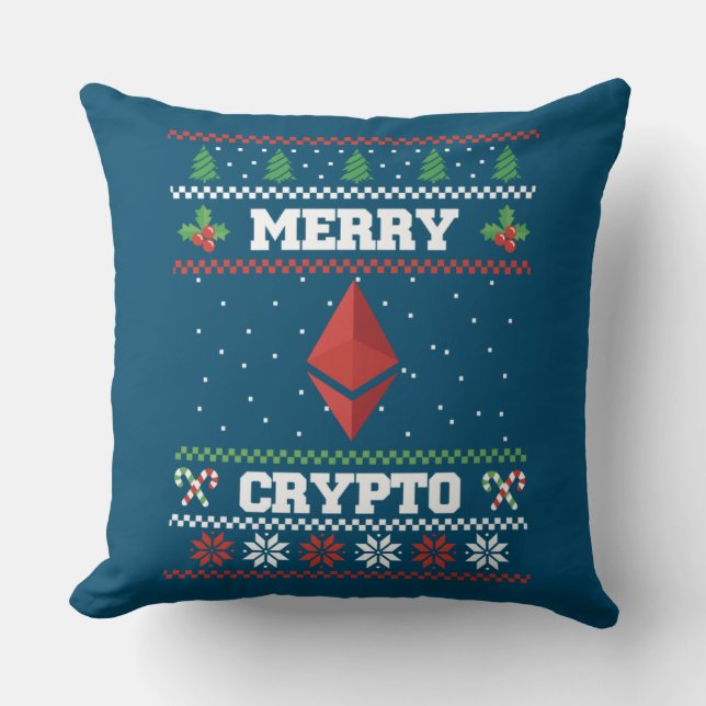 Merry Crypto Ethereum Ugly Christmas Sweater Throw Pillow (Front)