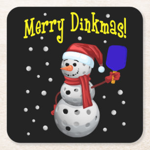 Merry Dinkmas - Pickleball Snowman Square Paper Coaster