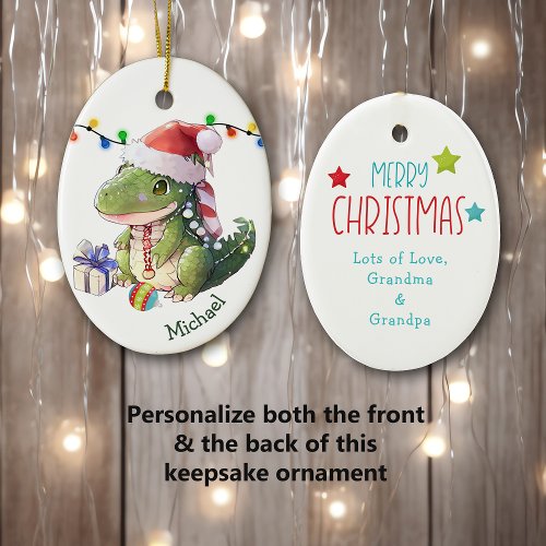 Merry Dinosaur Kids Christmas Ceramic Ornament