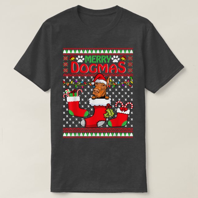 Merry Dogmas Doberman Dog Funny Ugly Christmas Xma T-Shirt (Design Front)