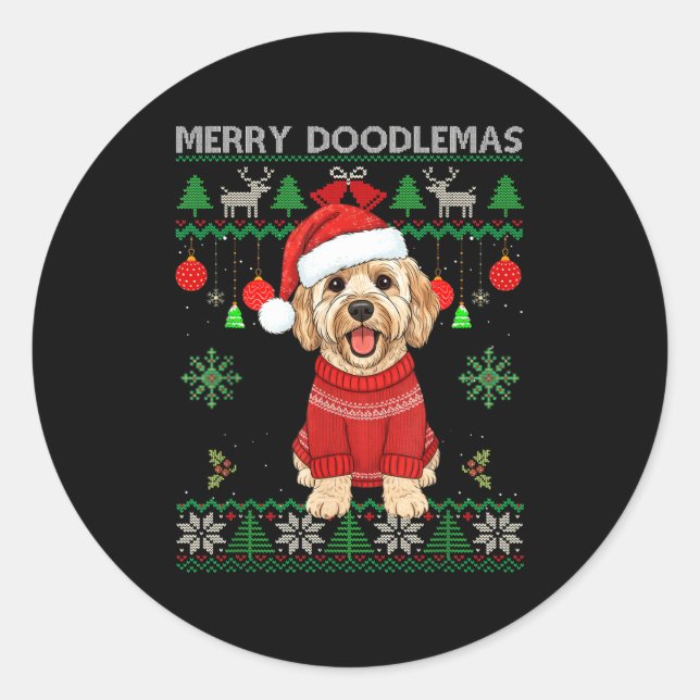 Merry Doodlemas Goldendoodle Wearing Ugly Christma Classic Round Sticker (Front)
