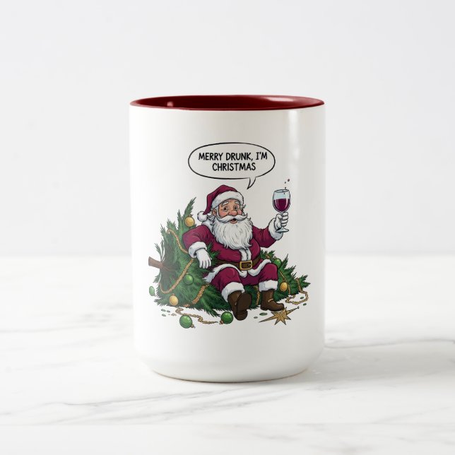 Merry Drunk Santa Christmas Two-Tone Coffee Mug (Center)