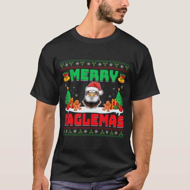 Merry Eaglemas - Eagle Wearing Santa Hat Ugly Chri T-Shirt (Front)