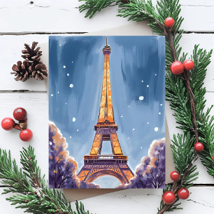 Merry Eiffel Tower Paris Christmas Watercolor Holiday Postcard