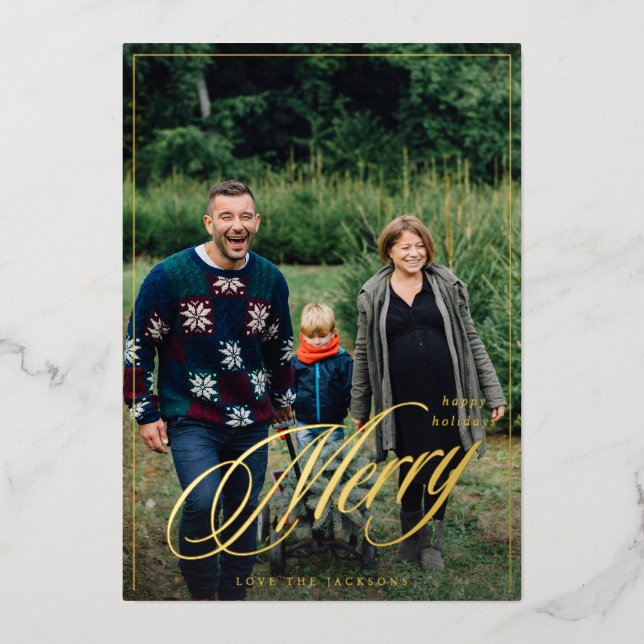 Merry Elegant Calligraphy Frame Photo Holiday Foil Invitation (Front)