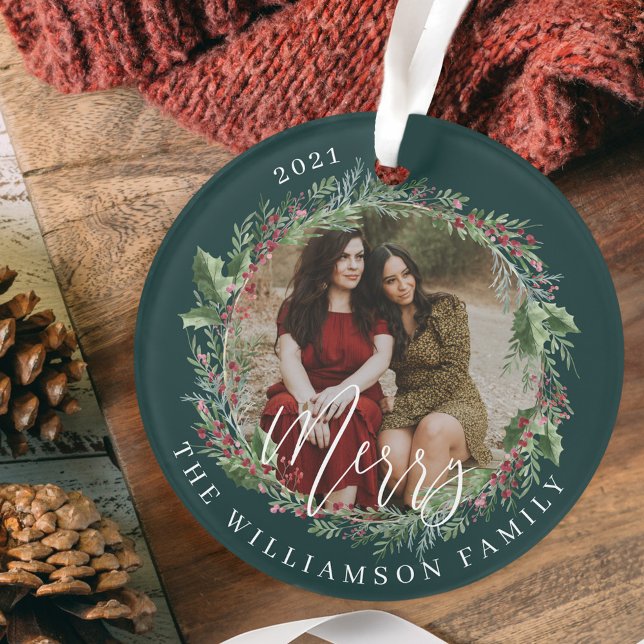 Merry Elegant Festive Watercolor Wreath Two Photo Ornament (Merry Elegant Festive Watercolor Wreath Two Photo Ornament)