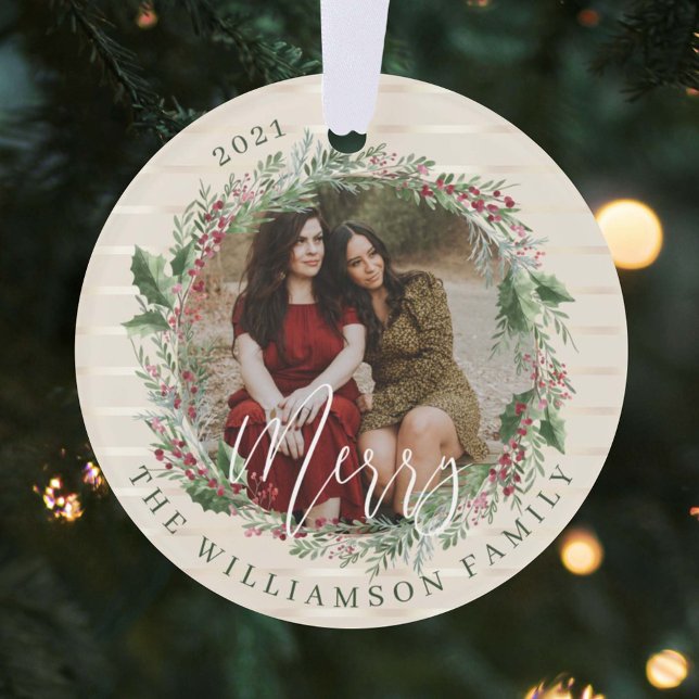 Merry Elegant Festive Watercolor Wreath Two Photo Ornament (Creator Uploaded)