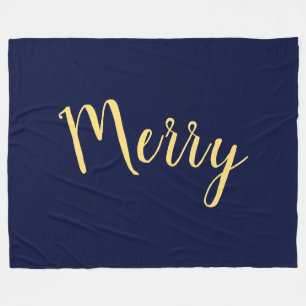 MERRY Elegant Holiday Text Navy Blue Background Fleece Blanket