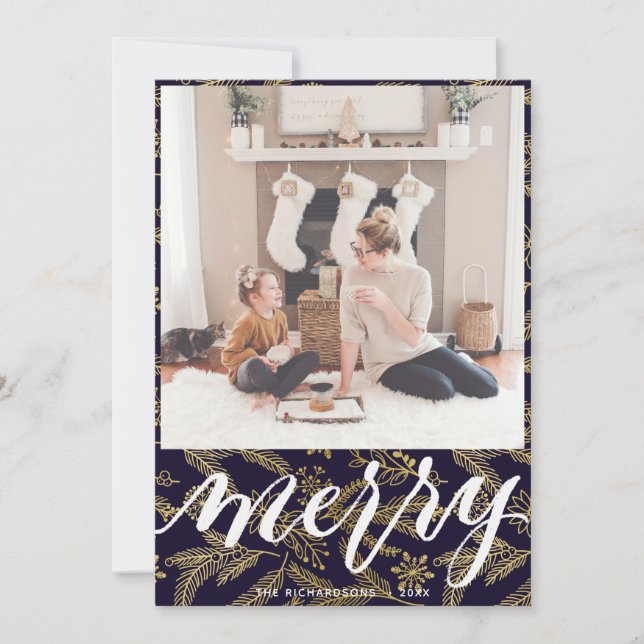 MERRY | Elegant Typography Gold Boughs Pattern Holiday Card (Front)