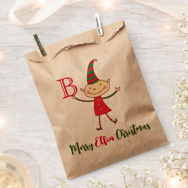 Merry Elfin' Christmas Monogram Elf Funny Holiday Favor Bag (Clipped)