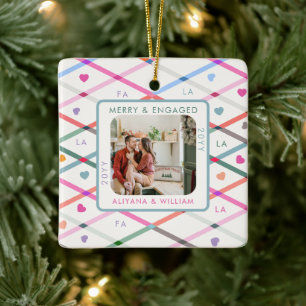 Merry Engaged Love Pastel Pattern Couples Photo Ceramic Ornament