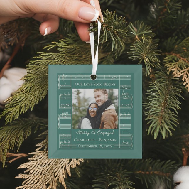 Merry Engaged Love Song Sheet Music Couples Photo Glass Ornament (Merry Engaged Love Song Sheet Music Couples Photo Glass Ornament)