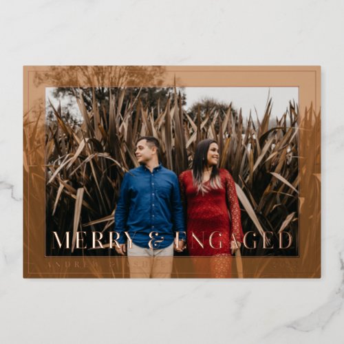 Merry  Engaged Minimal Frame Photo Engagement Foil Holiday Card