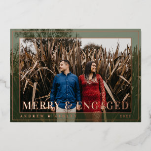 Merry & Engaged Minimal Frame Photo Engagement Foil Holiday Card