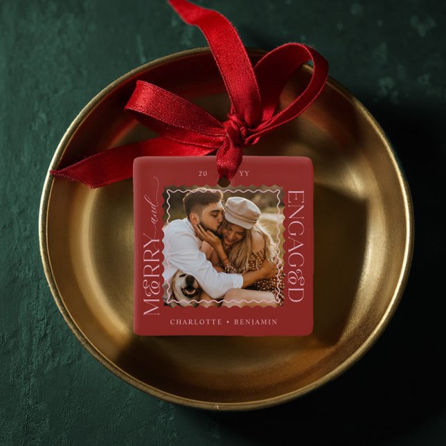 Merry & Engaged Modern Minimal Wavy Photo Keepsake Ceramic Ornament (Merry & Engaged Modern Minimal Wavy Photo Keepsake Ceramic Ornament)