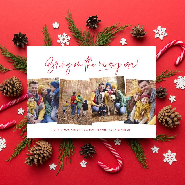 Merry era fun four photo red Christmas Holiday Card (Creator Uploaded)