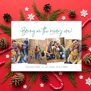 Merry Era Funny Four Photo Green Christmas Holiday Card by LeaDelaverisDesign at Zazzle