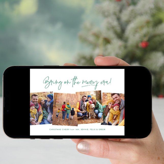 Merry era funny four photo green Christmas Holiday Card (Front Digital)