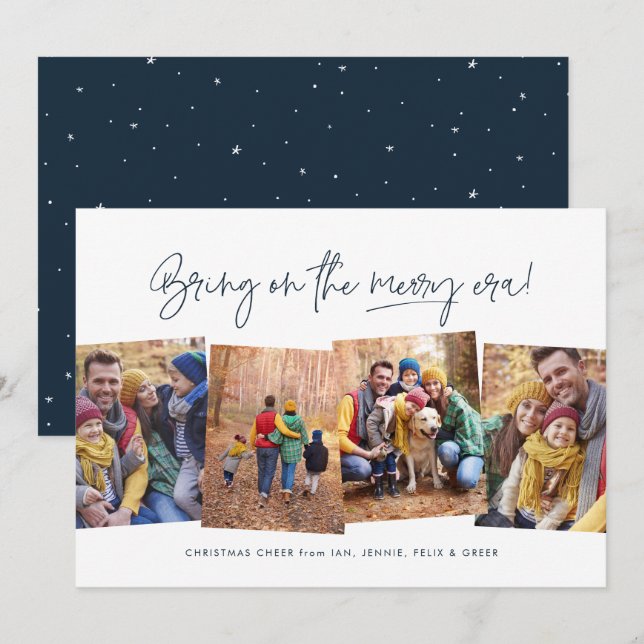 Merry era funny four photo navy blue Christmas Holiday Card (Front/Back)