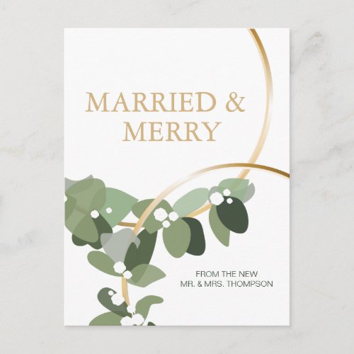 Merry Eucalyptus Wreath Newlywed Christmas thanks Postcard