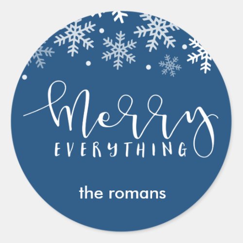 Merry Everhthing Holiday Snowflake Navy Blue Classic Round Sticker