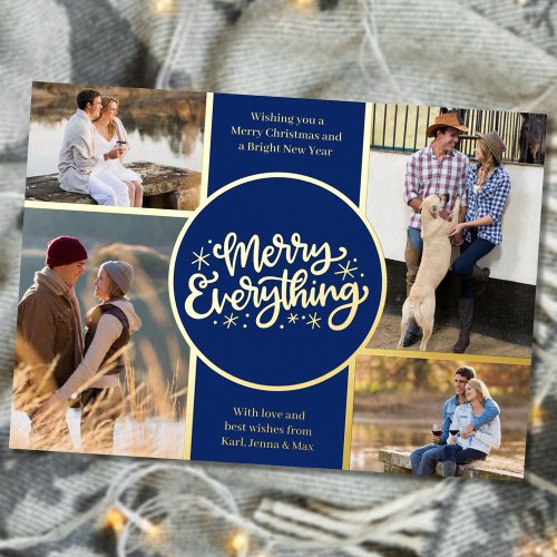Merry Everything 4 Photo Collage Blue and Gold Foil Holiday Card