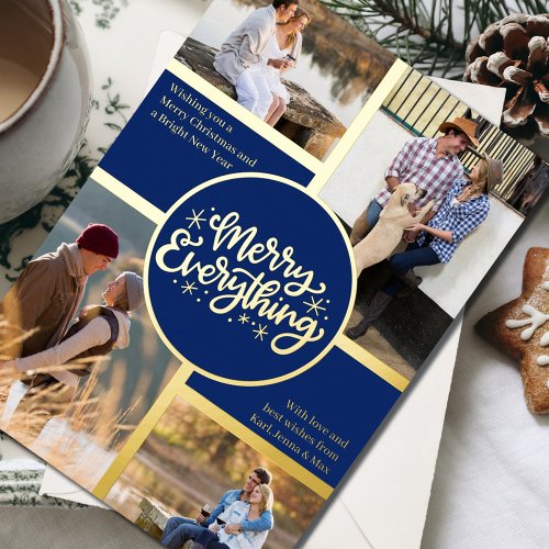 Merry Everything 4 Photo Collage Blue and Gold Foil Holiday Card