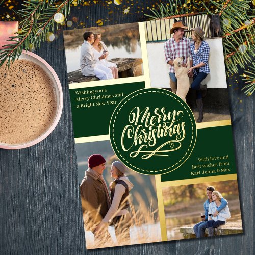 Merry Everything 4 Photo Collage Green and Gold Foil Holiday Card