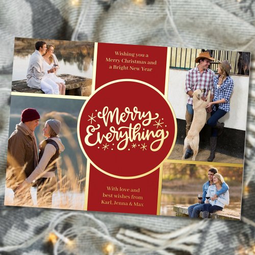 Merry Everything 4 Photo Collage Red and Gold Foil Holiday Card