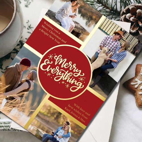 Merry Everything 4 Photo Collage Red and Gold Foil Holiday Card