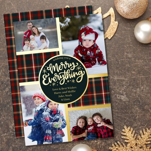 Merry Everything 4 Photo Tartan Plaid and Gold Foil Holiday Card