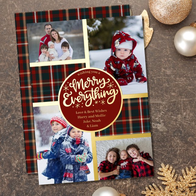 Merry Everything 4 Photo Tartan Plaid Red and Gold Foil Holiday Card (Creator Uploaded)