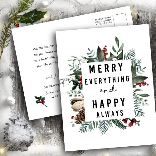 Merry Everything and Happy Always  Floral Foliage Holiday Postcard