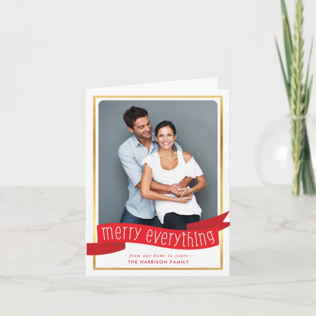MERRY EVERYTHING BANNER CHRISTMAS PHOTO foliage Holiday Card (Front)