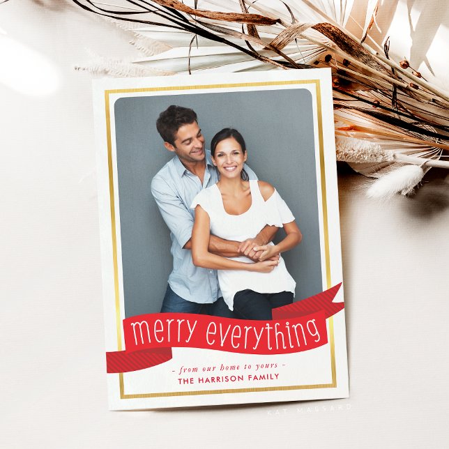 MERRY EVERYTHING BANNER photo modern gold red Holiday Card (Creator Uploaded)