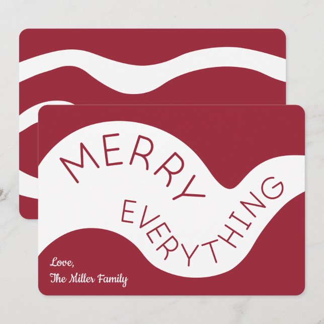 Merry Everything Burgundy White Abstract Curves Holiday Card (Front/Back)