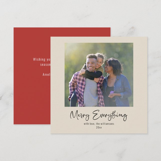 Merry Everything Calligraphy Custom Photo Red Holiday Card (Front/Back)