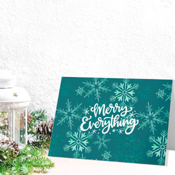 Merry Everything Calligraphy Green Snowflake  Holiday Card by darlingandmay at Zazzle