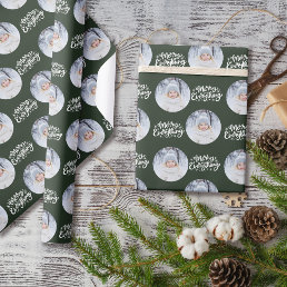 Merry Everything Calligraphy Round Photo Green Wrapping Paper