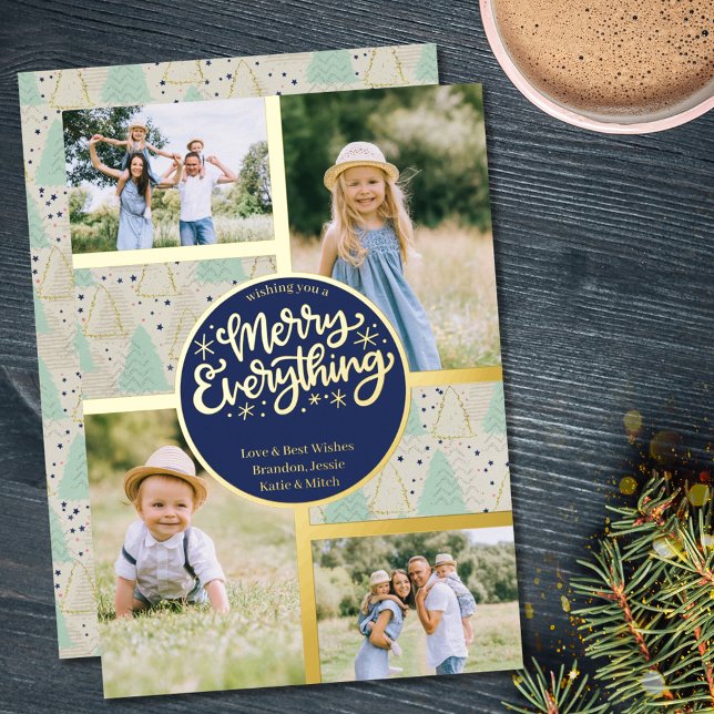 Merry Everything Christmas Trees 4 Photo Mint Gold Foil Holiday Card (Creator Uploaded)