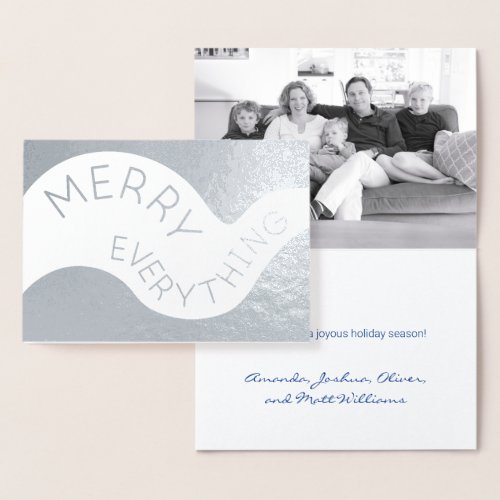 Merry Everything Curved Text Photo Holiday Silver Foil Card