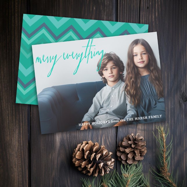 Merry Everything - Full Photo with Funky Chevrons Holiday Card (Rustic Modern Christmas Card with 1 Photo and Type Overlay - Print and Download Options)