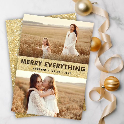 Merry Everything Gold Glitter Cutout Stylish Photo Holiday Card