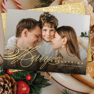 Merry Everything Gold Glitter Script Classic Photo Holiday Card